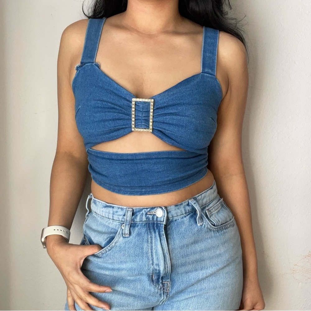 Stylish Denim Crop Top with Rhinestone Detail